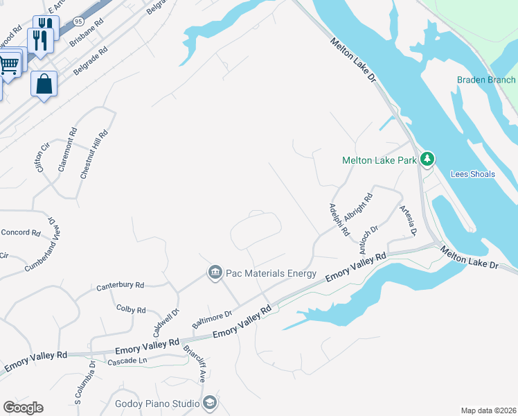 map of restaurants, bars, coffee shops, grocery stores, and more near 122 Balboa Circle in Oak Ridge