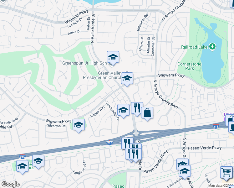 map of restaurants, bars, coffee shops, grocery stores, and more near 75 North Valle Verde Drive in Henderson