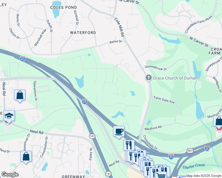 map of restaurants, bars, coffee shops, grocery stores, and more near 4020 Shoccoree Drive in Durham
