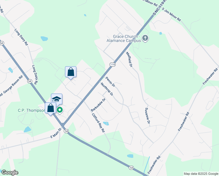 map of restaurants, bars, coffee shops, grocery stores, and more near 3768 Northrop Drive in Haw River