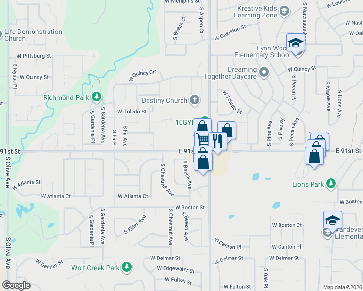 map of restaurants, bars, coffee shops, grocery stores, and more near 2220 West Washington Street in Broken Arrow