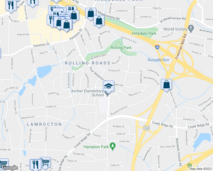map of restaurants, bars, coffee shops, grocery stores, and more near 2500 Dulaire Road in Greensboro