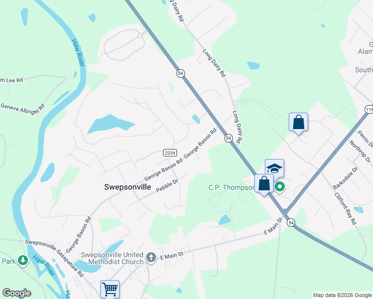 map of restaurants, bars, coffee shops, grocery stores, and more near 1458 George Bason Road in Graham