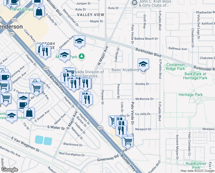 map of restaurants, bars, coffee shops, grocery stores, and more near 364 Dooley Drive in Henderson
