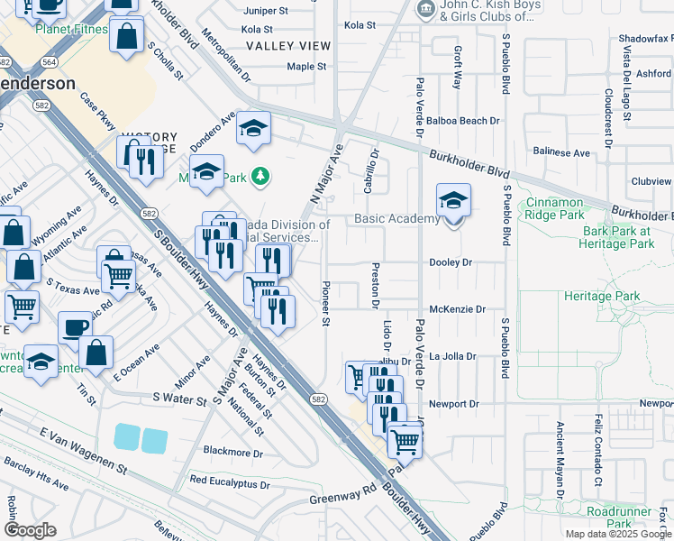 map of restaurants, bars, coffee shops, grocery stores, and more near 362 Dooley Drive in Henderson