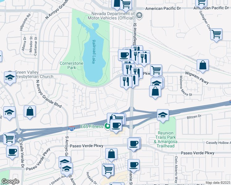 map of restaurants, bars, coffee shops, grocery stores, and more near 1525 Wigwam Parkway in Henderson