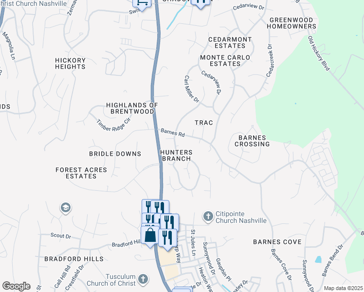 map of restaurants, bars, coffee shops, grocery stores, and more near 5813 Labrador Lane in Nashville