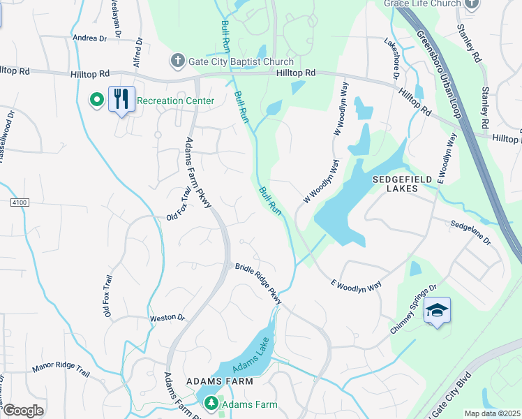 map of restaurants, bars, coffee shops, grocery stores, and more near 20 Laurel Brook Court in Greensboro