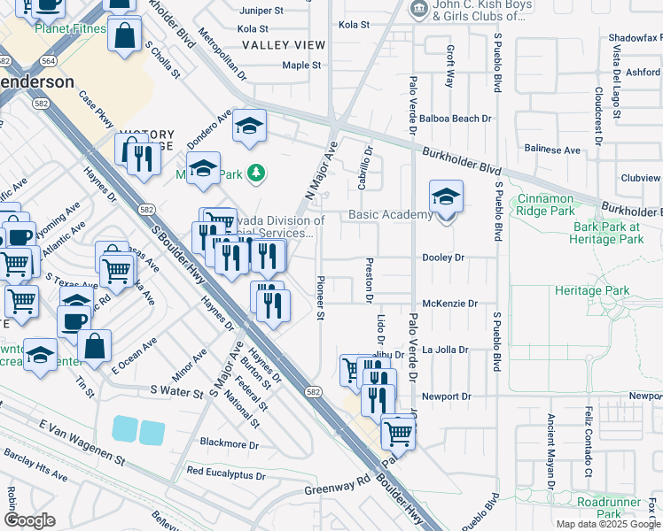 map of restaurants, bars, coffee shops, grocery stores, and more near 362 Dooley Drive in Henderson