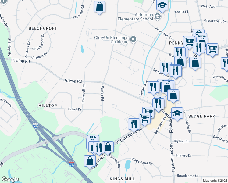 map of restaurants, bars, coffee shops, grocery stores, and more near 4407 Hilltop Road in Greensboro