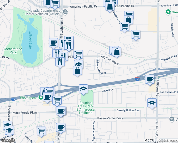 map of restaurants, bars, coffee shops, grocery stores, and more near 1289 Large Cap Drive in Henderson