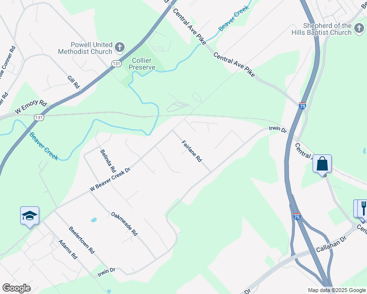 map of restaurants, bars, coffee shops, grocery stores, and more near 7216 Fairlane Road in Powell
