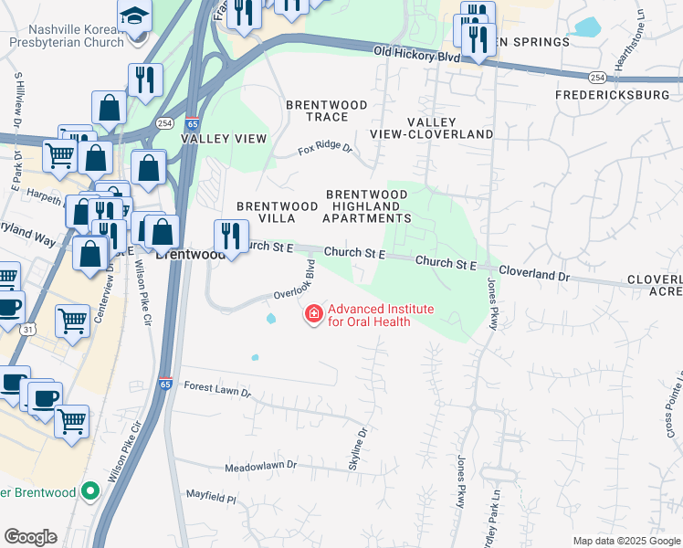 map of restaurants, bars, coffee shops, grocery stores, and more near 9045 Church Street East in Brentwood