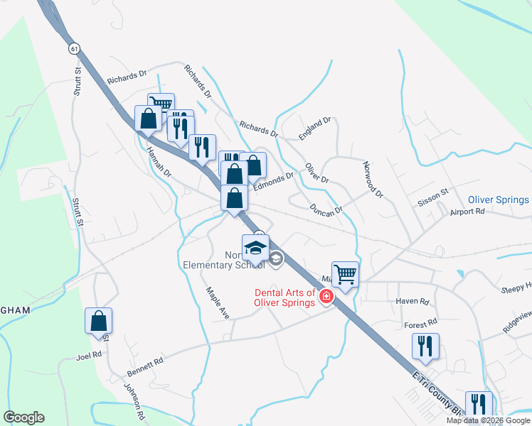 map of restaurants, bars, coffee shops, grocery stores, and more near 424 Browder Circle in Oliver Springs