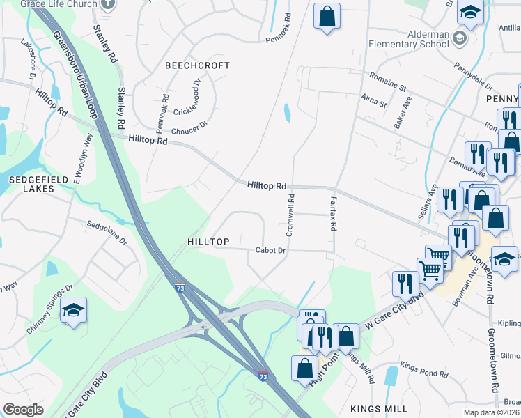 map of restaurants, bars, coffee shops, grocery stores, and more near 4615 Hilltop Road in Greensboro