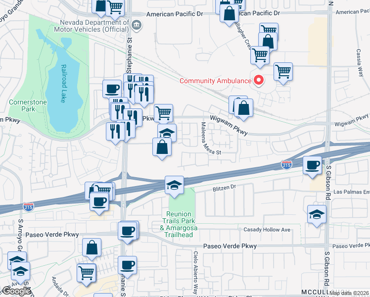 map of restaurants, bars, coffee shops, grocery stores, and more near 1289 Large Cap Drive in Henderson