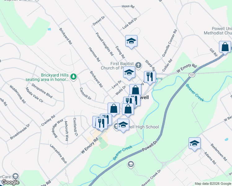 map of restaurants, bars, coffee shops, grocery stores, and more near 1908 Levy Drive in Powell