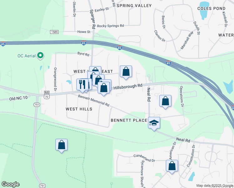 map of restaurants, bars, coffee shops, grocery stores, and more near 4611 Hillsborough Road in Durham