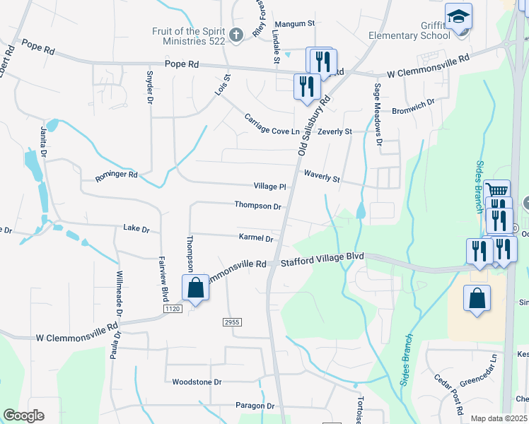 map of restaurants, bars, coffee shops, grocery stores, and more near 1629 Thompson Drive in Winston-Salem