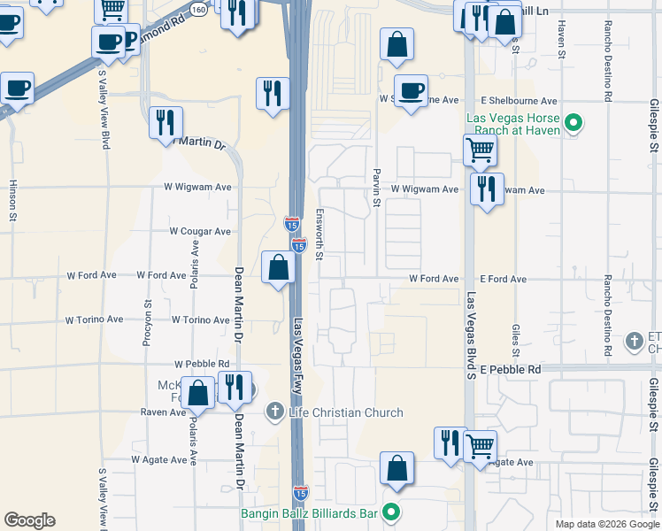 map of restaurants, bars, coffee shops, grocery stores, and more near 8680 Ensworth Street in Las Vegas