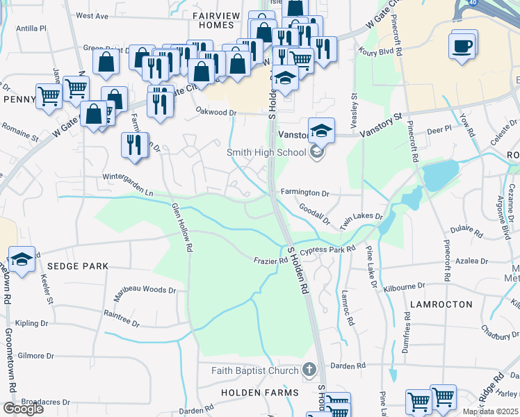 map of restaurants, bars, coffee shops, grocery stores, and more near 3490 Farmington Drive in Greensboro