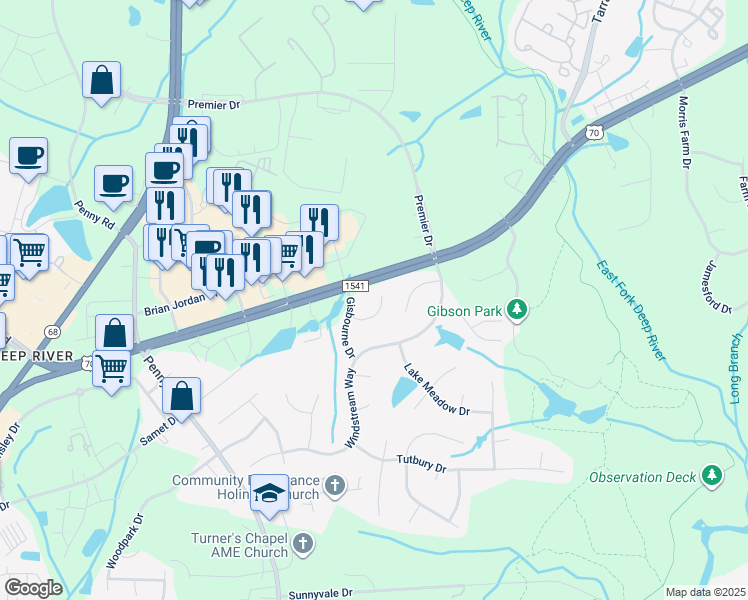 map of restaurants, bars, coffee shops, grocery stores, and more near 4015 Maid Marion Court in Jamestown