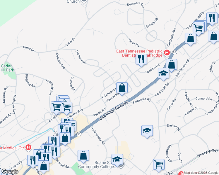 map of restaurants, bars, coffee shops, grocery stores, and more near 301 Florida Avenue in Oak Ridge