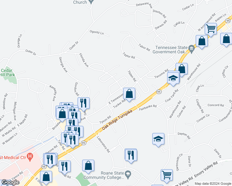 map of restaurants, bars, coffee shops, grocery stores, and more near 212 West Fairview Road in Oak Ridge