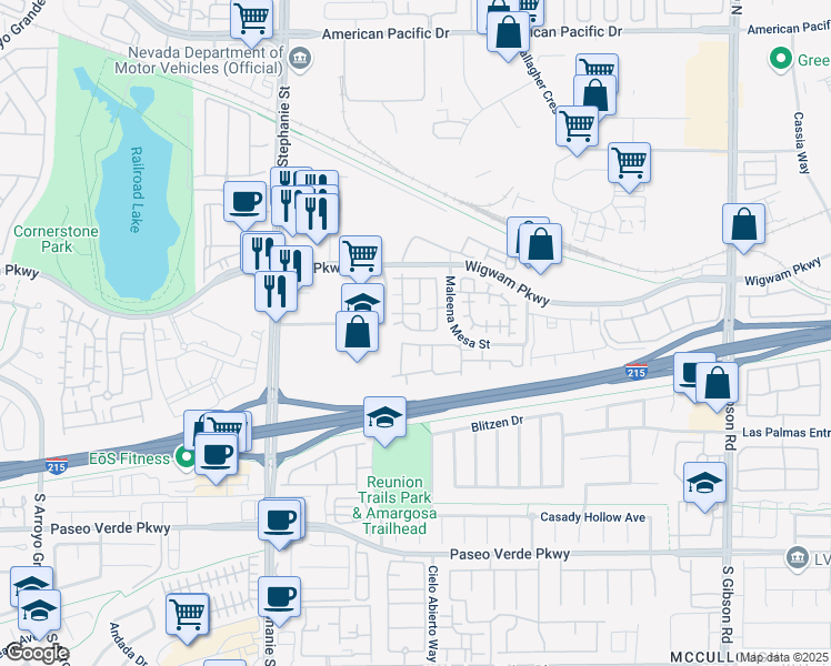 map of restaurants, bars, coffee shops, grocery stores, and more near 67 Dow Jones Street in Henderson