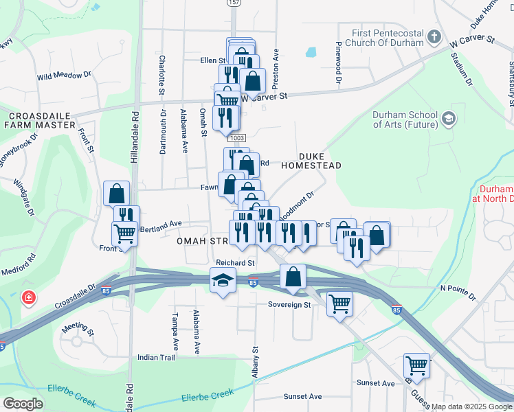 map of restaurants, bars, coffee shops, grocery stores, and more near 2918 Guess Road in Durham