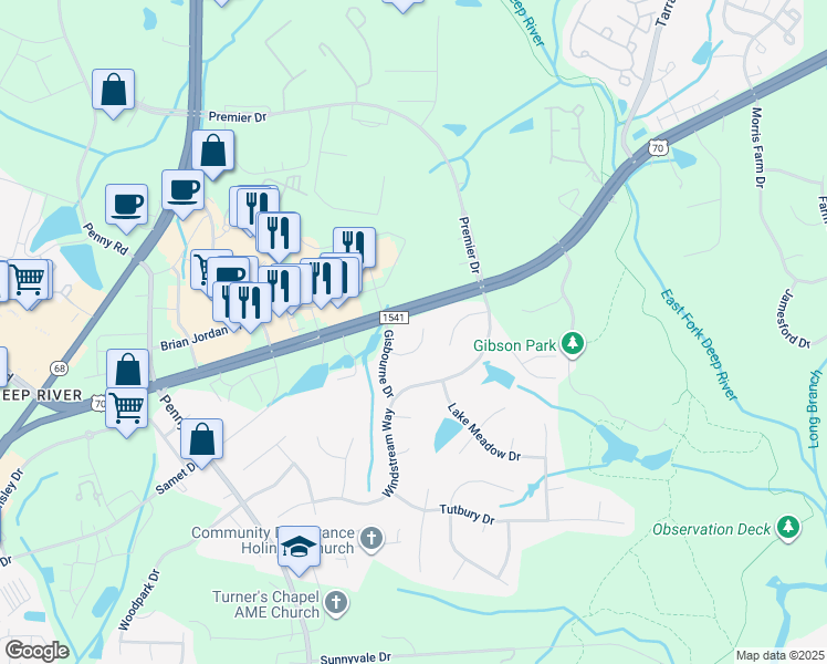 map of restaurants, bars, coffee shops, grocery stores, and more near 4015 Maid Marion Court in Jamestown
