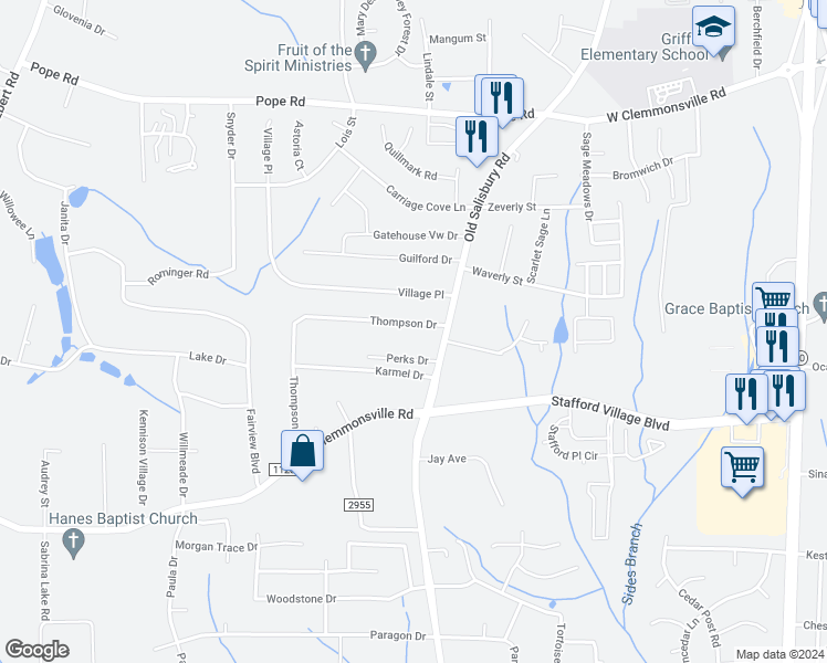 map of restaurants, bars, coffee shops, grocery stores, and more near 1628 Thompson Drive in Winston-Salem