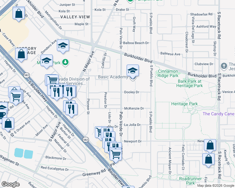 map of restaurants, bars, coffee shops, grocery stores, and more near 396 Dooley Drive in Henderson