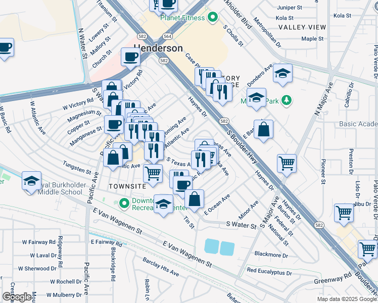 map of restaurants, bars, coffee shops, grocery stores, and more near 227 Nebraska Avenue in Henderson