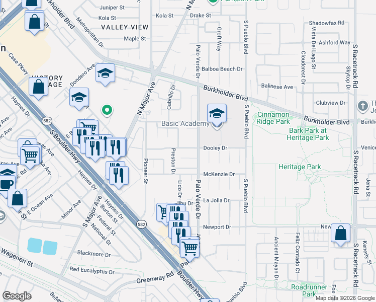 map of restaurants, bars, coffee shops, grocery stores, and more near 392 Dooley Drive in Henderson