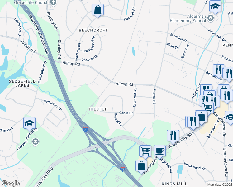 map of restaurants, bars, coffee shops, grocery stores, and more near 4615 Hilltop Road in Greensboro