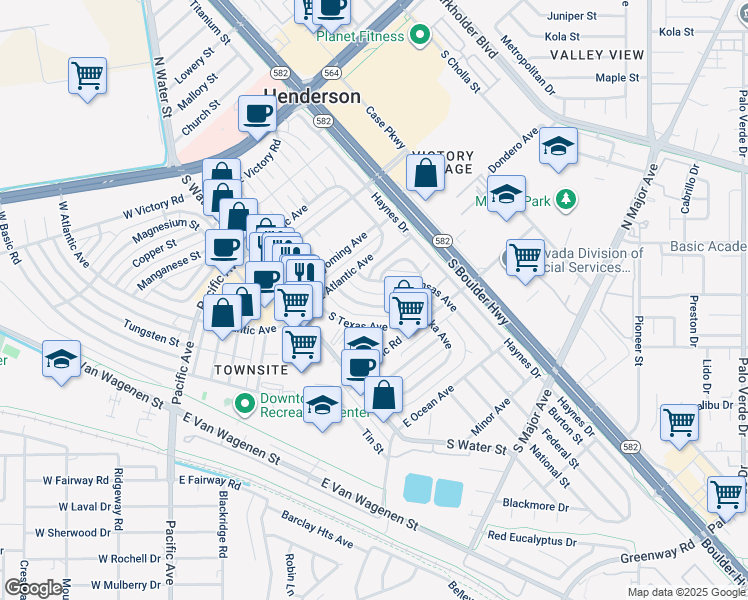 map of restaurants, bars, coffee shops, grocery stores, and more near 227 Nebraska Avenue in Henderson