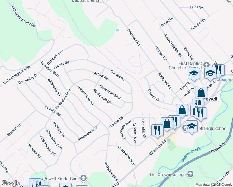 map of restaurants, bars, coffee shops, grocery stores, and more near 7729 Ashley Road in Powell