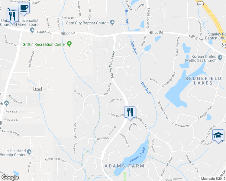 map of restaurants, bars, coffee shops, grocery stores, and more near 4 Killington Place in Greensboro