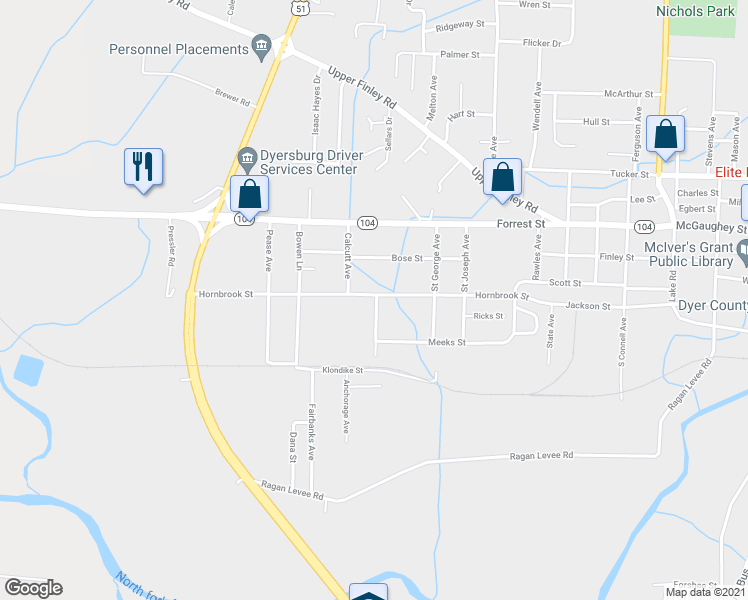 map of restaurants, bars, coffee shops, grocery stores, and more near 1349 Hornbrook Street in Dyersburg