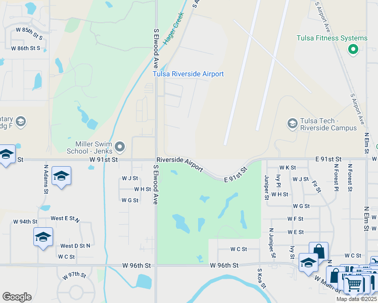 map of restaurants, bars, coffee shops, grocery stores, and more near 9061 South Airport Way in Tulsa