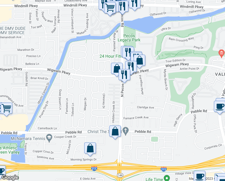 map of restaurants, bars, coffee shops, grocery stores, and more near 2616 Pebblegold Avenue in Henderson
