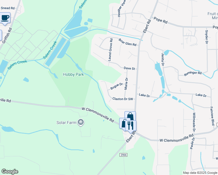 map of restaurants, bars, coffee shops, grocery stores, and more near 2021 Bogue Drive in Winston-Salem