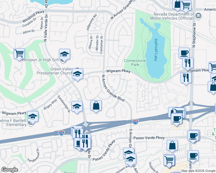 map of restaurants, bars, coffee shops, grocery stores, and more near 1679 Long Horizon Lane in Henderson