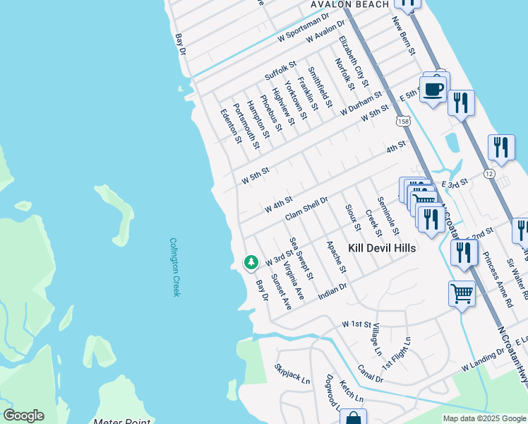 map of restaurants, bars, coffee shops, grocery stores, and more near 201 West 4th Street in Kill Devil Hills