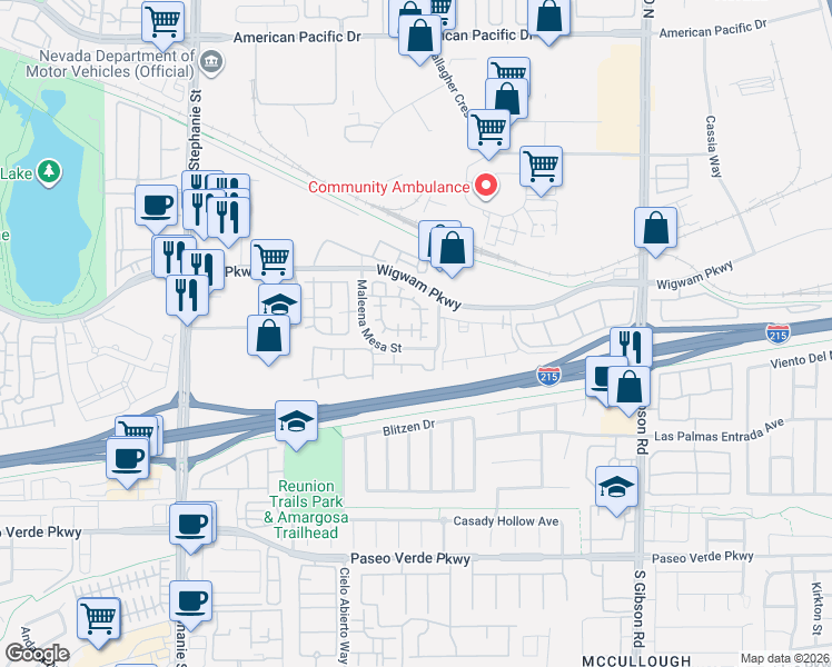 map of restaurants, bars, coffee shops, grocery stores, and more near 68 Puerto Viejo Trail in Henderson