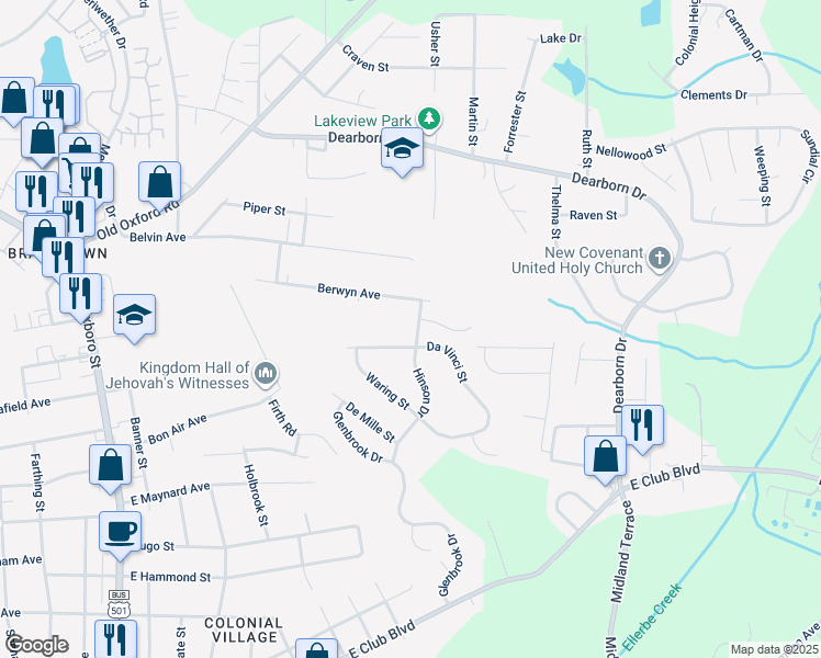 map of restaurants, bars, coffee shops, grocery stores, and more near 3323 Hinson Drive in Durham