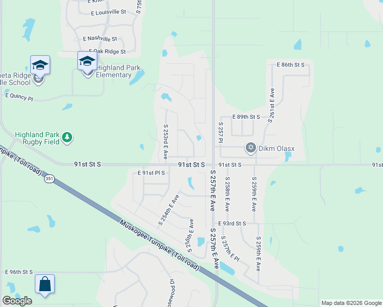 map of restaurants, bars, coffee shops, grocery stores, and more near 8948 South 255th East Avenue in Broken Arrow