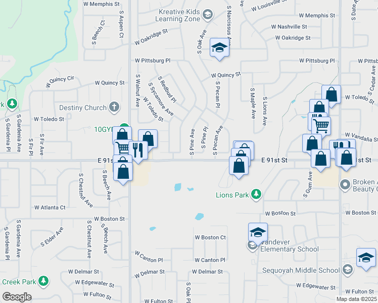 map of restaurants, bars, coffee shops, grocery stores, and more near 1766 South Poplar Avenue West in Broken Arrow