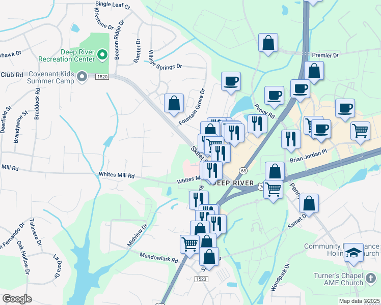 map of restaurants, bars, coffee shops, grocery stores, and more near 1574 Skeet Club Road in High Point